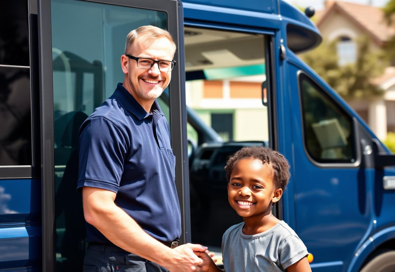 Driver helping scholars board a Scholar Ship shuttle van